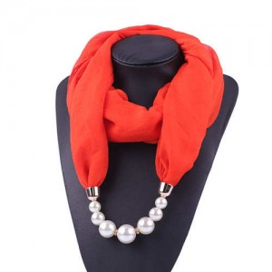 Pearl Embellished Solid Color Chiffon Women Scarf Necklace - Red