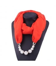 Pearl Embellished Solid Color Chiffon Women Scarf Necklace - Red
