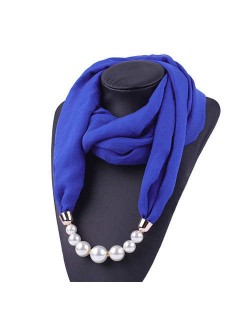 Pearl Embellished Solid Color Chiffon Women Scarf Necklace - Royal Blue