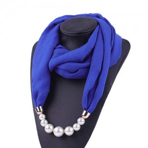 Pearl Embellished Solid Color Chiffon Women Scarf Necklace - Royal Blue