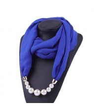 Pearl Embellished Solid Color Chiffon Women Scarf Necklace - Royal Blue