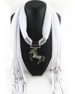 Horse Pendant Design Solid Color Women Scarf Necklace - White