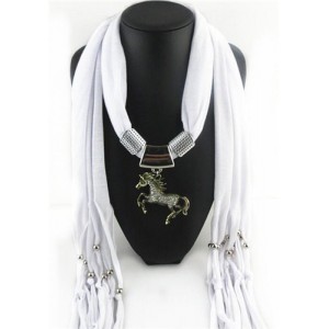 Horse Pendant Design Solid Color Women Scarf Necklace - White
