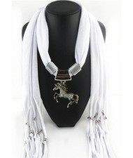 Horse Pendant Design Solid Color Women Scarf Necklace - White