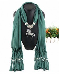 Horse Pendant Design Solid Color Women Scarf Necklace - Ink Green