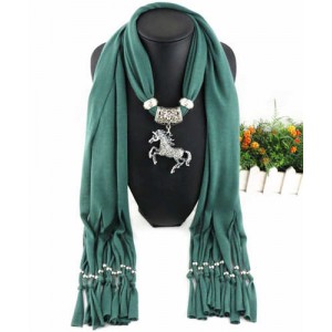 Horse Pendant Design Solid Color Women Scarf Necklace - Ink Green