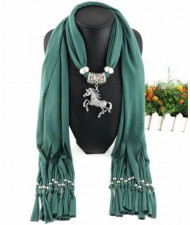 Horse Pendant Design Solid Color Women Scarf Necklace - Ink Green