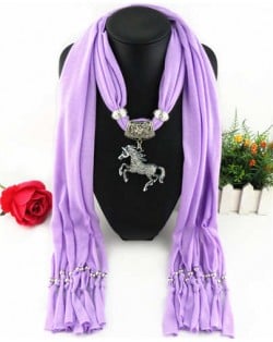 Horse Pendant Design Solid Color Women Scarf Necklace - Violet