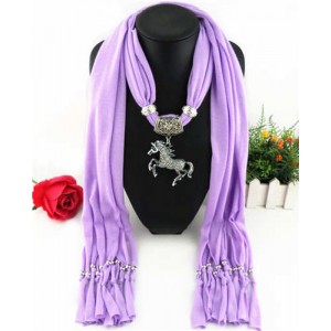 Horse Pendant Design Solid Color Women Scarf Necklace - Violet