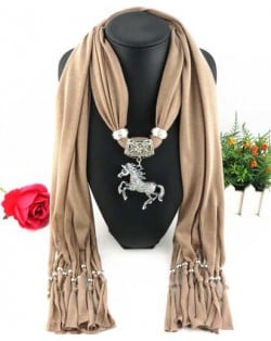 Horse Pendant Design Solid Color Women Scarf Necklace - Brown