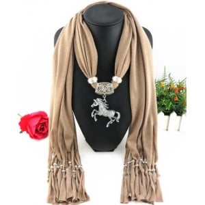 Horse Pendant Design Solid Color Women Scarf Necklace - Brown
