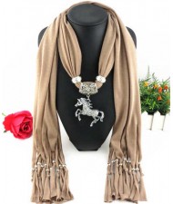 Horse Pendant Design Solid Color Women Scarf Necklace - Brown