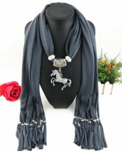 Horse Pendant Design Solid Color Women Scarf Necklace - Dark Gray