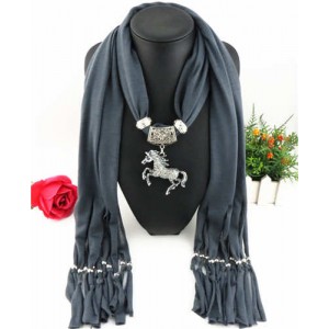 Horse Pendant Design Solid Color Women Scarf Necklace - Dark Gray