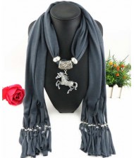 Horse Pendant Design Solid Color Women Scarf Necklace - Dark Gray