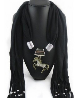 Horse Pendant Design Solid Color Women Scarf Necklace - Black