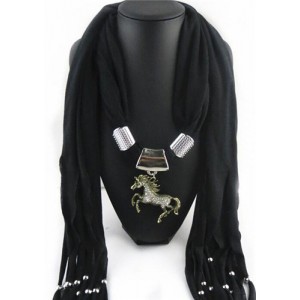 Horse Pendant Design Solid Color Women Scarf Necklace - Black