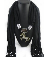 Horse Pendant Design Solid Color Women Scarf Necklace - Black
