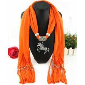 Horse Pendant Design Solid Color Women Scarf Necklace - Orange