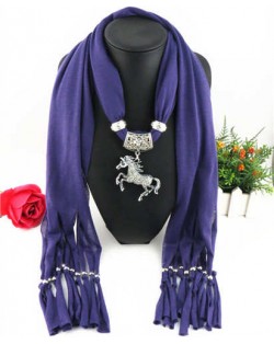 Horse Pendant Design Solid Color Women Scarf Necklace - Purple