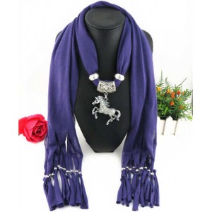 Horse Pendant Design Solid Color Women Scarf Necklace - Purple