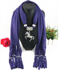 Horse Pendant Design Solid Color Women Scarf Necklace - Purple