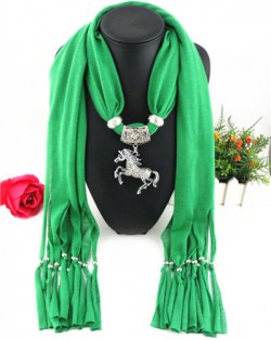Horse Pendant Design Solid Color Women Scarf Necklace - Green