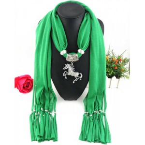 Horse Pendant Design Solid Color Women Scarf Necklace - Green