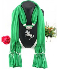Horse Pendant Design Solid Color Women Scarf Necklace - Green