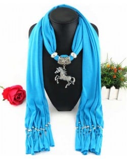 Horse Pendant Design Solid Color Women Scarf Necklace - Blue