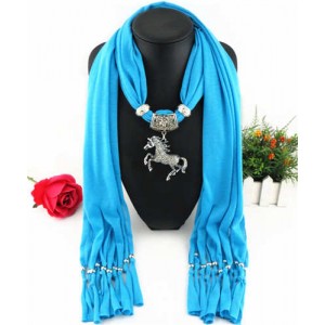 Horse Pendant Design Solid Color Women Scarf Necklace - Blue