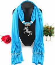 Horse Pendant Design Solid Color Women Scarf Necklace - Blue