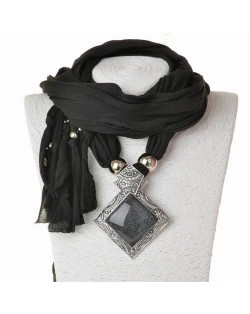 Butterfly Style Round Gem Pendant Women Scarf Necklace - Black
