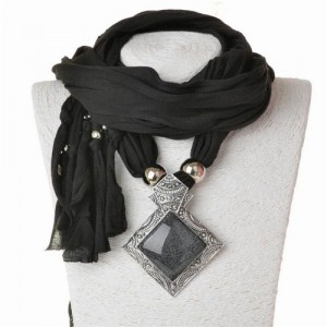 Butterfly Style Round Gem Pendant Women Scarf Necklace - Black