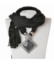 Butterfly Style Round Gem Pendant Women Scarf Necklace - Black