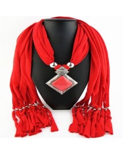 Butterfly Style Round Gem Pendant Women Scarf Necklace - Red