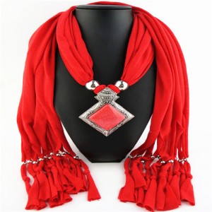 Butterfly Style Round Gem Pendant Women Scarf Necklace - Red
