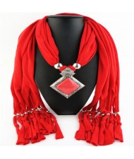 Butterfly Style Round Gem Pendant Women Scarf Necklace - Red