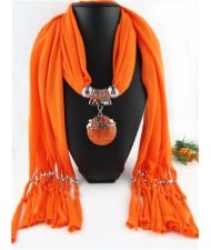 Butterfly Style Round Gem Pendant Women Scarf Necklace - Orange