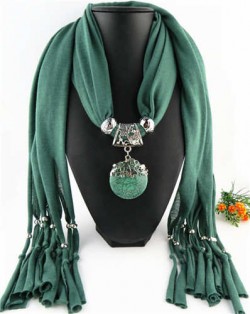 Butterfly Style Round Gem Pendant Women Scarf Necklace - Ink Green