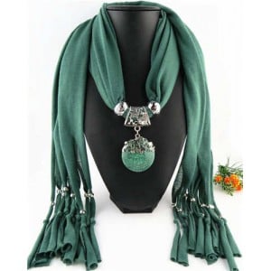 Butterfly Style Round Gem Pendant Women Scarf Necklace - Ink Green