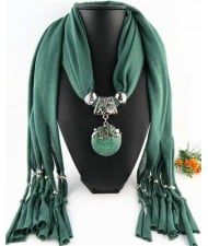 Butterfly Style Round Gem Pendant Women Scarf Necklace - Ink Green
