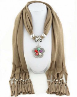 Artificial Turquoise Flower Pendant Solid Color Women Scarf Necklace - Brown