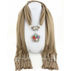 Artificial Turquoise Flower Pendant Solid Color Women Scarf Necklace - Brown