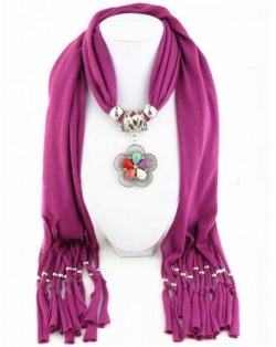 Artificial Turquoise Flower Pendant Solid Color Women Scarf Necklace - Fuchsia