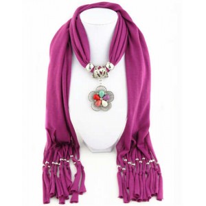 Artificial Turquoise Flower Pendant Solid Color Women Scarf Necklace - Fuchsia