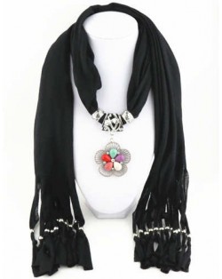 Artificial Turquoise Flower Pendant Solid Color Women Scarf Necklace - Black