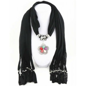 Artificial Turquoise Flower Pendant Solid Color Women Scarf Necklace - Black