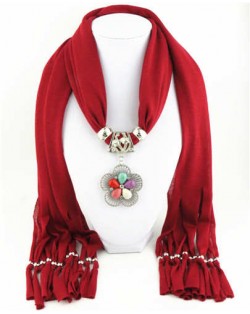 Artificial Turquoise Flower Pendant Solid Color Women Scarf Necklace - Red