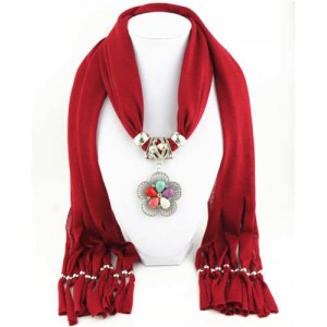 Artificial Turquoise Flower Pendant Solid Color Women Scarf Necklace - Red